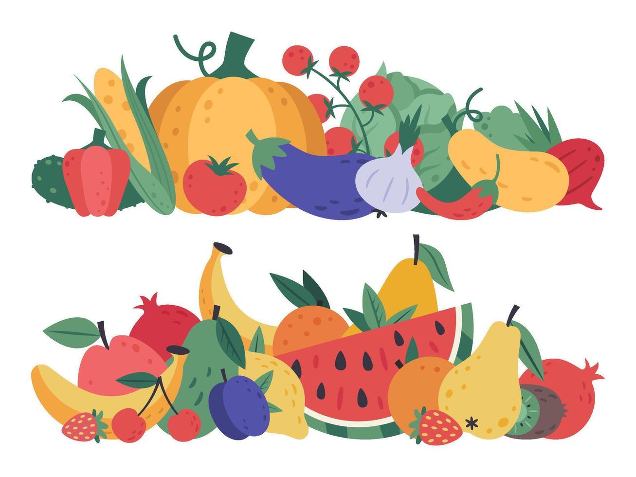 frukt och grönsaker. klotter mat, stack av grönsaker och frukter, friska livsstil och vegan vitaminer diet, naturlig frukt och grönt isolerat vektor illustration