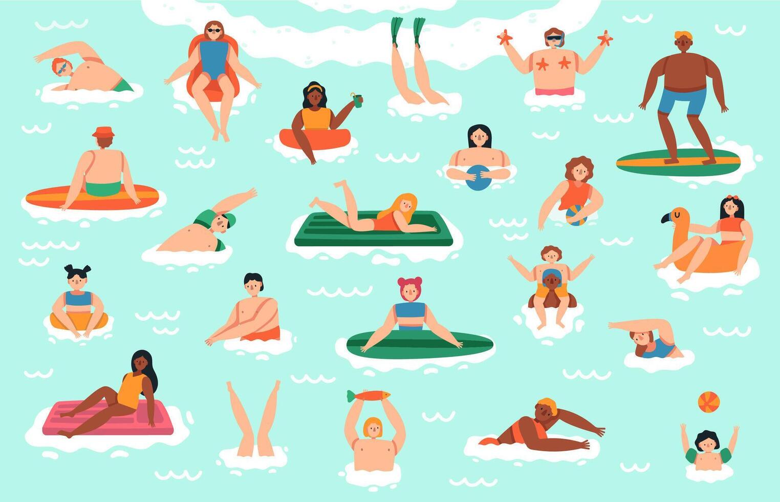 Meer schwimmen Figuren. Menschen Ozean Baden, Tauchen, Surfen und Sonnenbaden, Ferien Wasser Aktivitäten Vektor Illustration einstellen