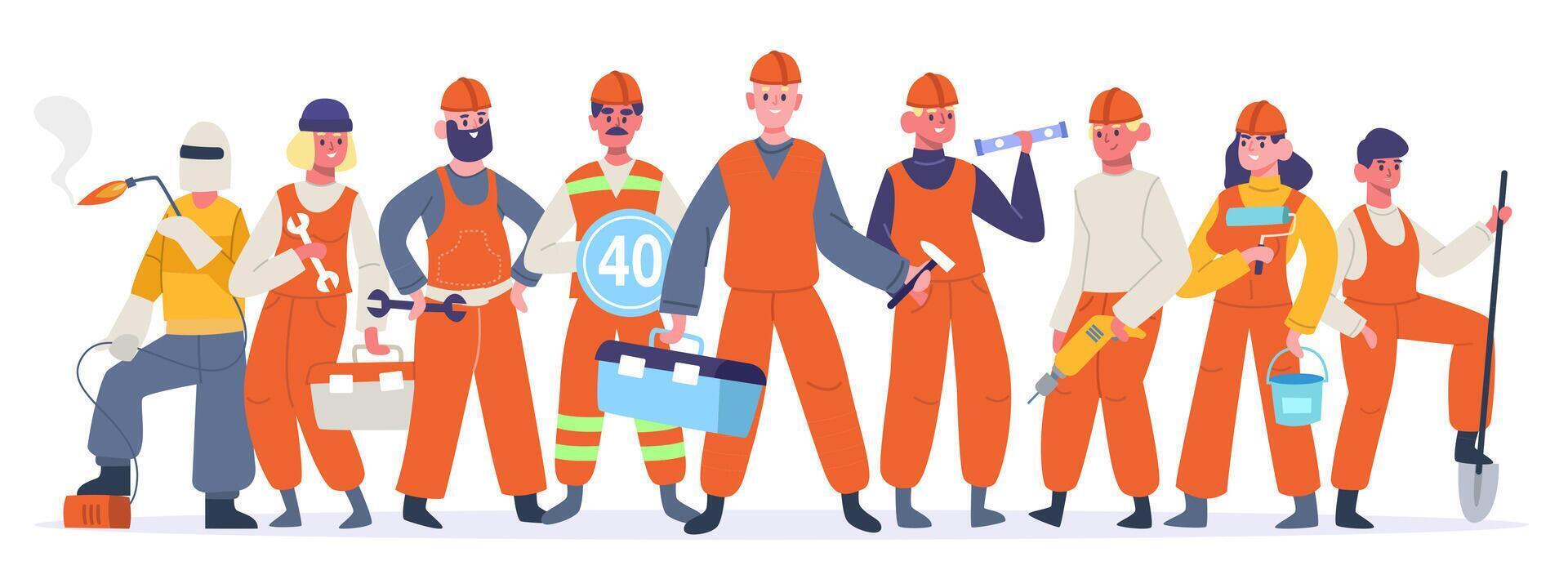 konstruktion arbetare team. industriell service arbetare, byggare och hus reparera hantlangare. grupp av konstruktion arbetare vektor illustrationer