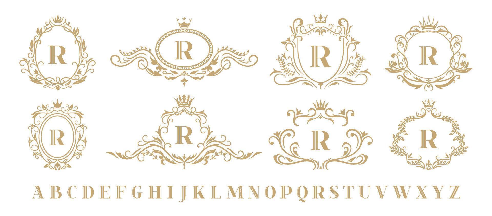 Luxus Monogramm. Jahrgang Zier dekorativ Monogramme, retro Luxus golden Kranz Emblem und Barock heraldisch Hochzeit Rahmen isoliert Vektor Symbole einstellen