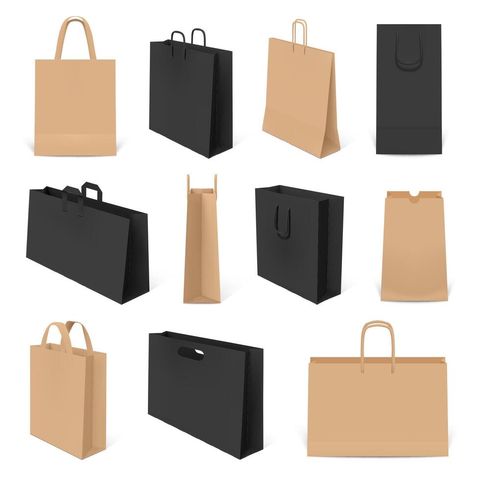 realistisk handla påsar. papper 3d väska mockup, hantverk handväskor och företags- identitet förpackning. paket väska mallar vektor prototyper uppsättning