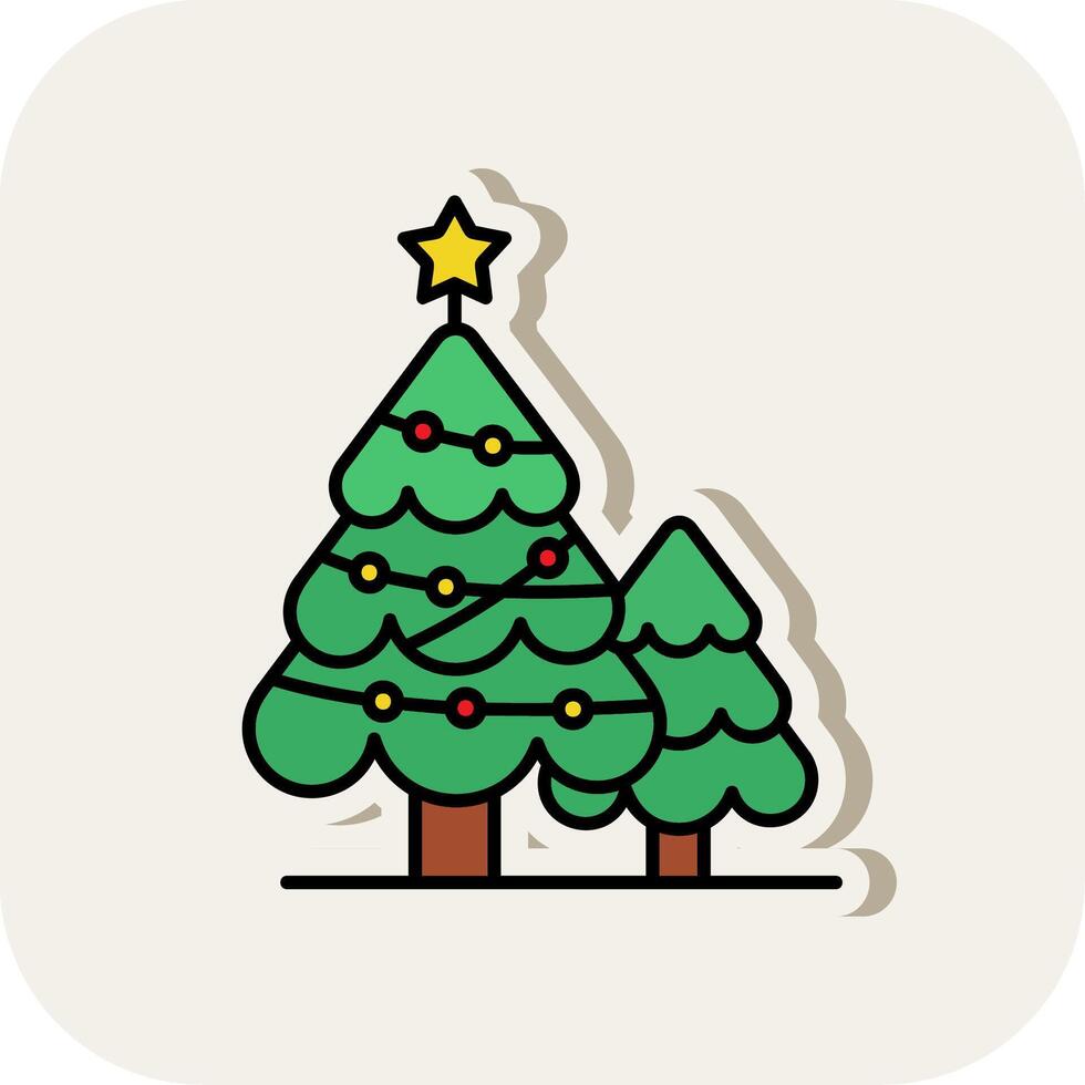 jul träd linje fylld vit skugga ikon vektor