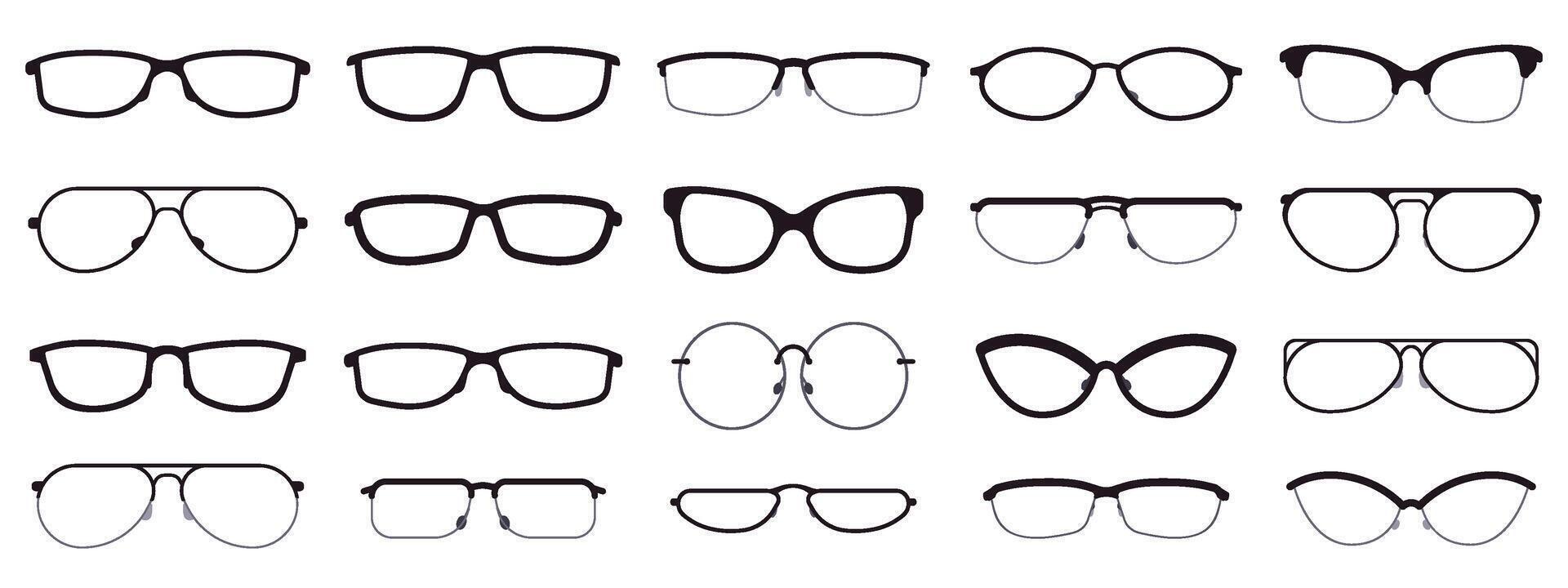 Brille Rahmen. Brillen Silhouetten, Brille Rahmen, optisch Linse rahmen, Hipster Brille. Mode Optik Brillen Vektor Illustration Symbole einstellen