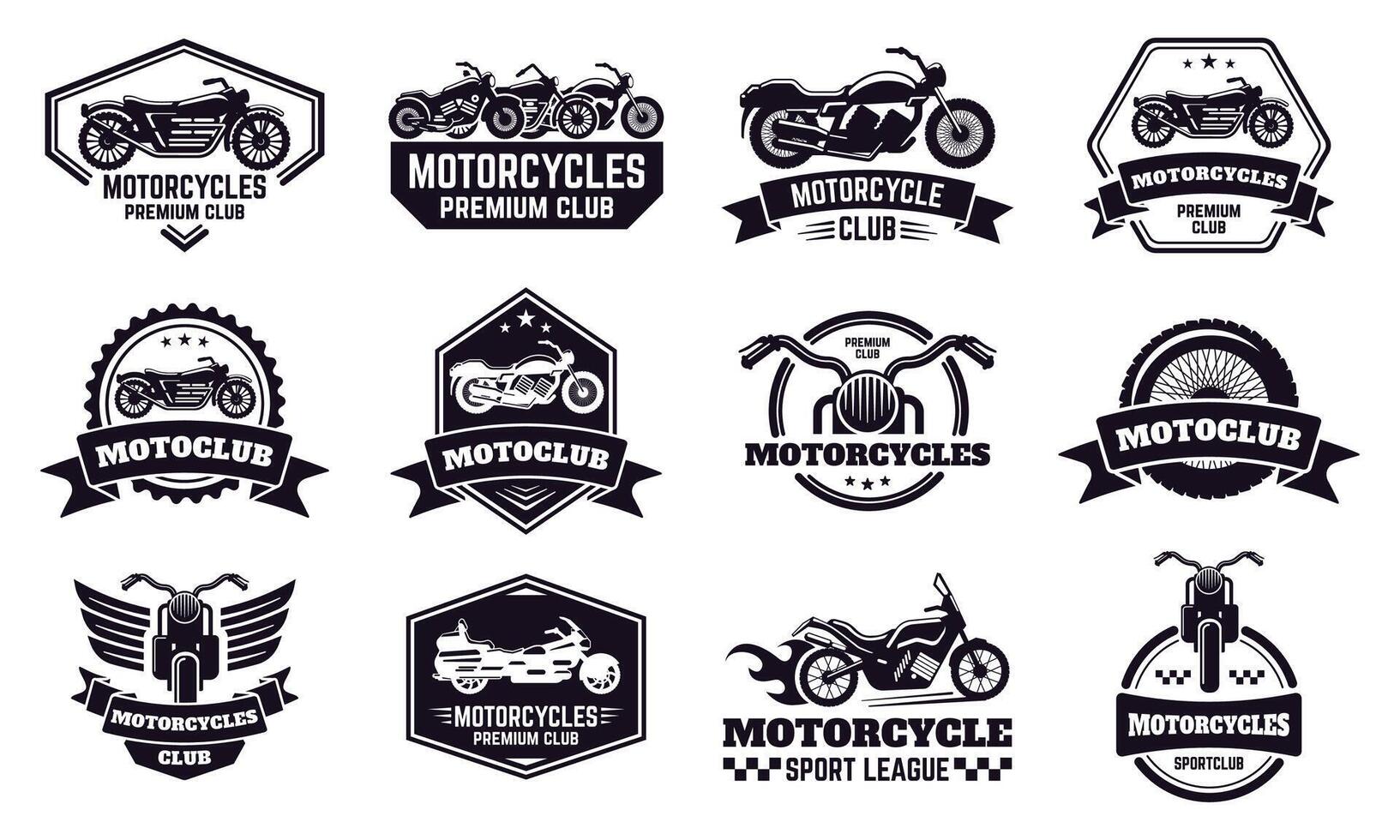 Motorrad Abzeichen. retro Motorrad Fahrrad Verein Embleme, Rennen und Motorrad Benutzerdefiniert Briefmarke, Motorrad Fahrer Embleme Vektor Illustration Symbole einstellen