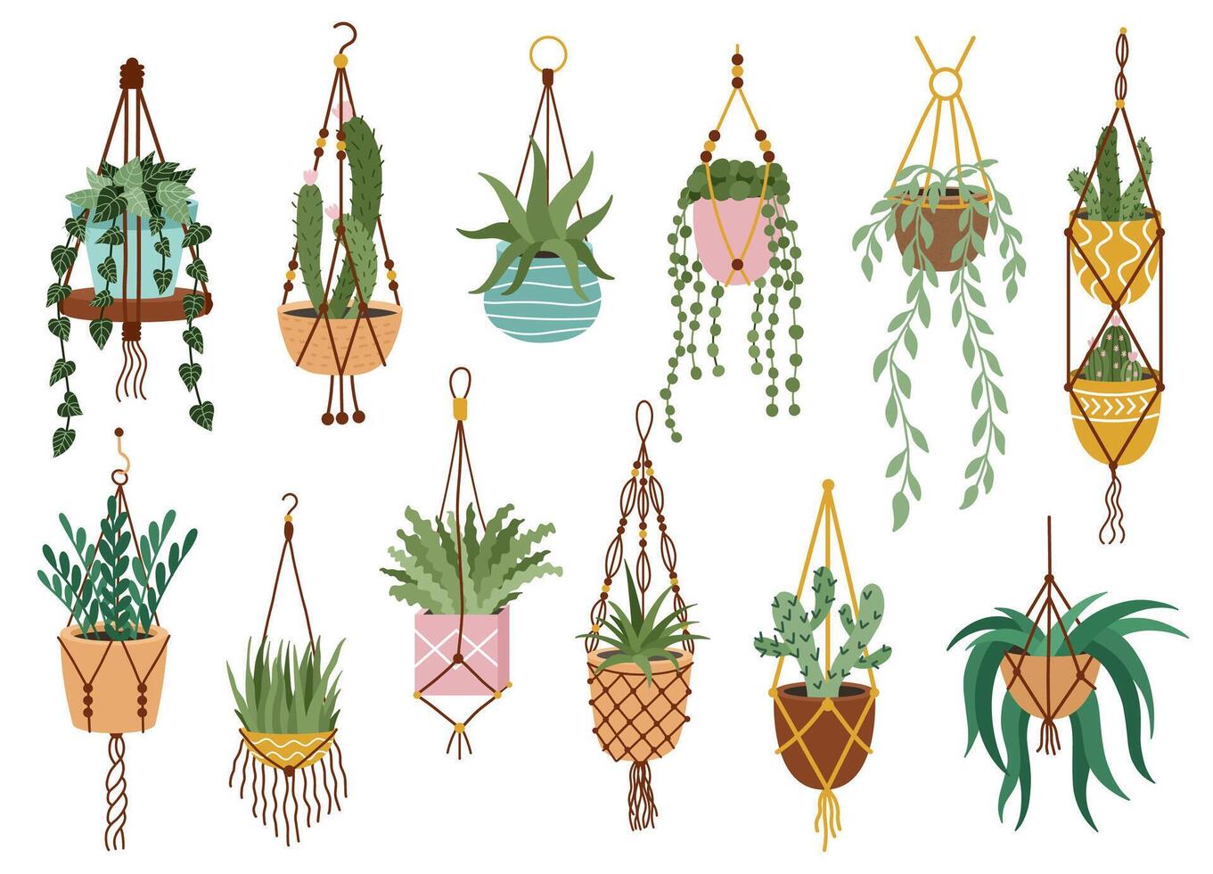 växt i hängande krukor. krukväxt hänga på rep, dekorativ inomhus- växter, macrame blomma krukor, Hem inlagd växter vektor illustration ikoner uppsättning