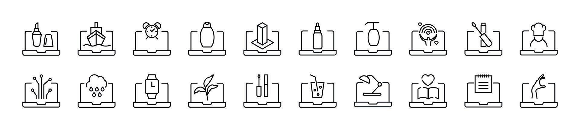 uppsättning av tunn linje ikoner av objekt på bärbar dator. redigerbar stroke. enkel linjär illustration för webb webbplatser, tidningar, artiklar bok vektor