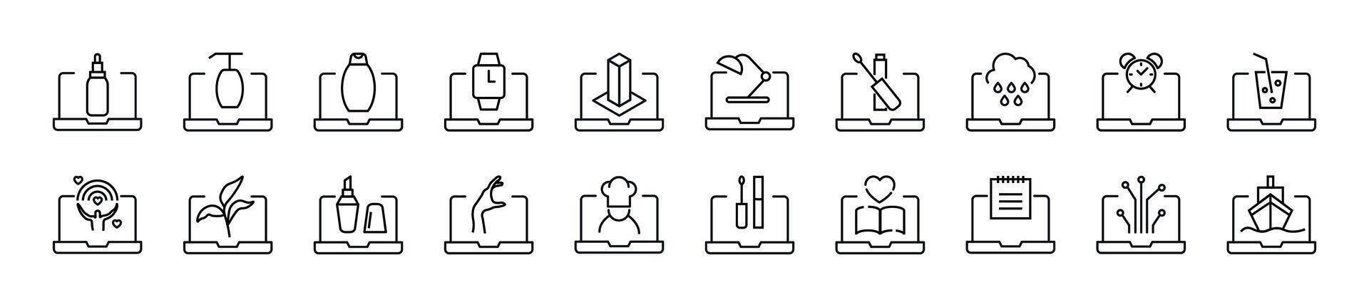 samling av översikt symbol av objekt på bärbar dator. redigerbar stroke. enkel linjär illustration för butiker, butiker, banderoller, design vektor