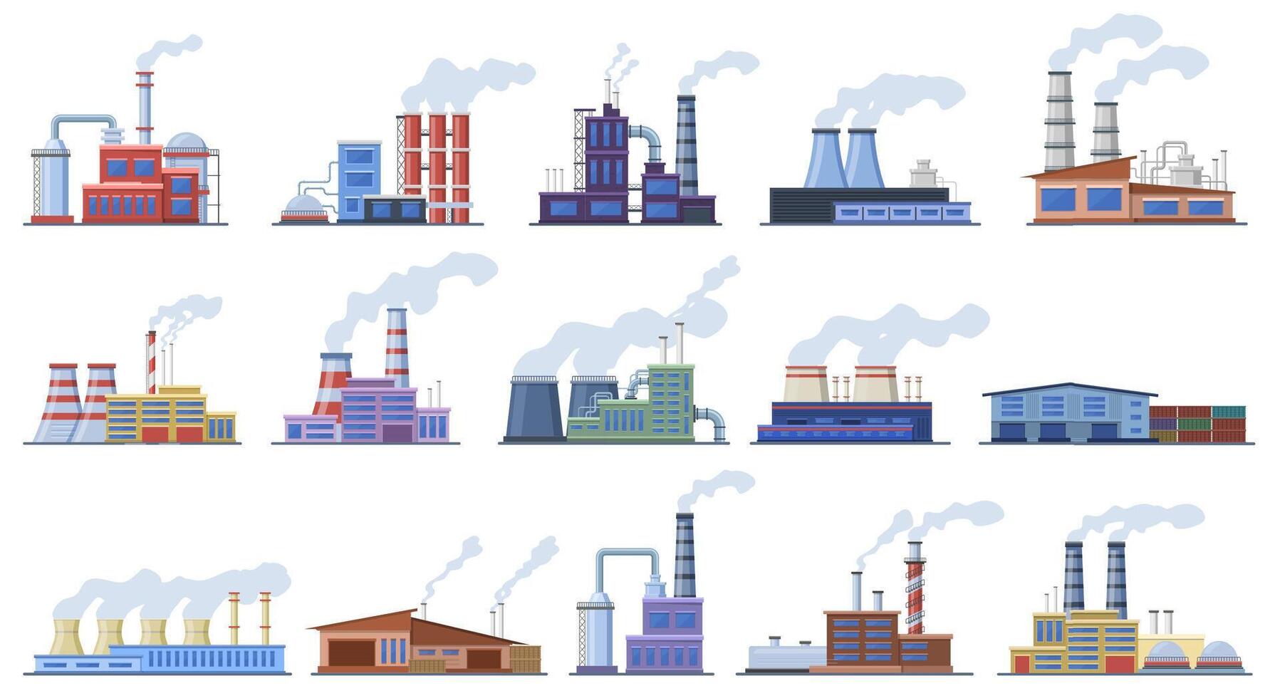 fabrik byggnader. industri lager och kraft station, tillverkning fabrik byggnad arkitektur exteriör vektor illustration ikoner uppsättning