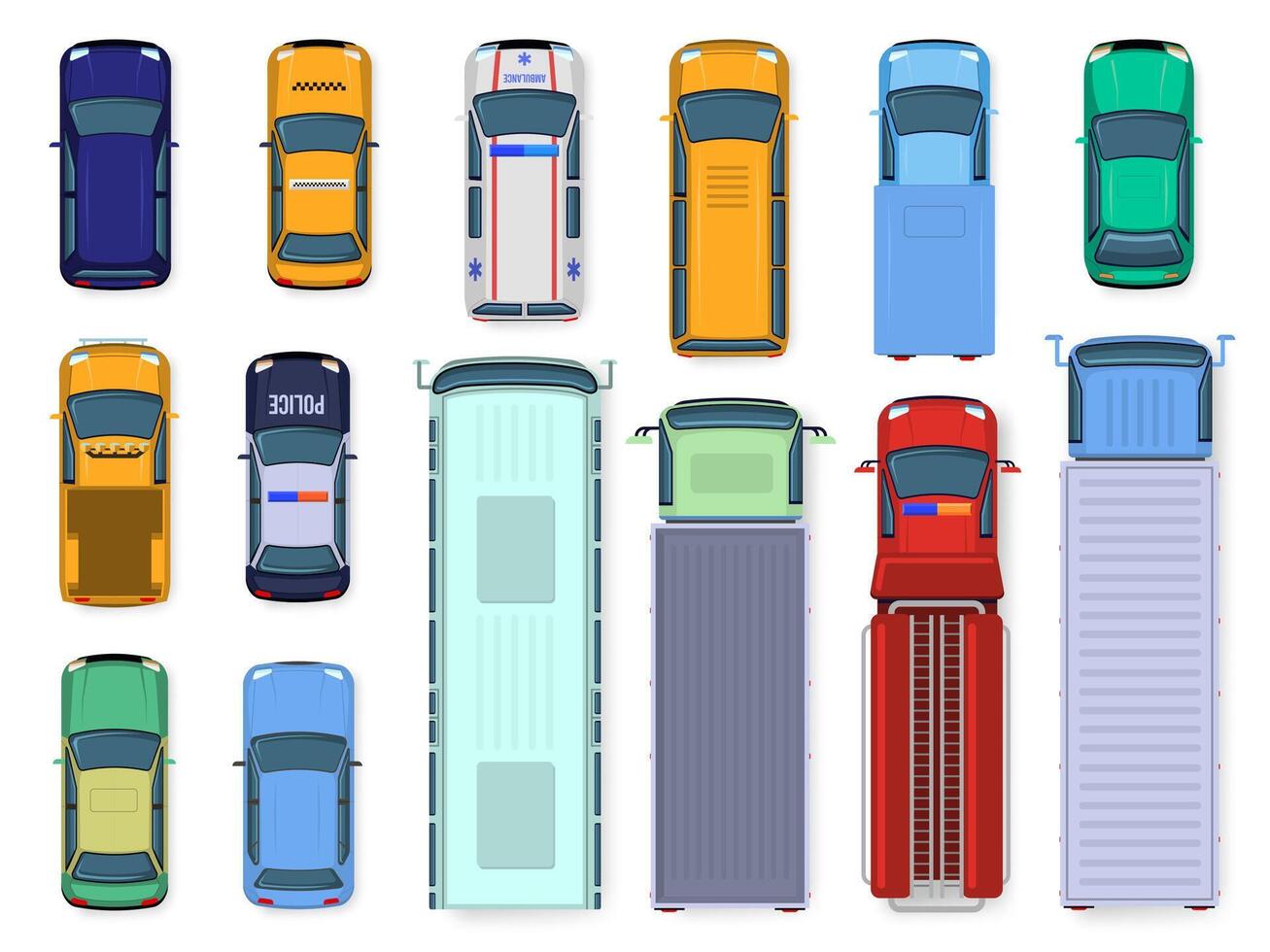 bil topp se. gata fordon motor tak visning, trafik bilar, stad buss, ambulans och lastbil, offentlig och civil transport isolerat vektor illustration uppsättning