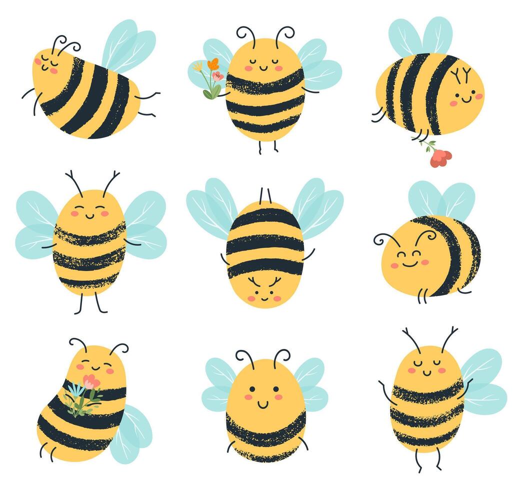söt bin. rolig gul bi tecken, hand dragen flygande honung bin isolerat vektor illustration ikoner uppsättning