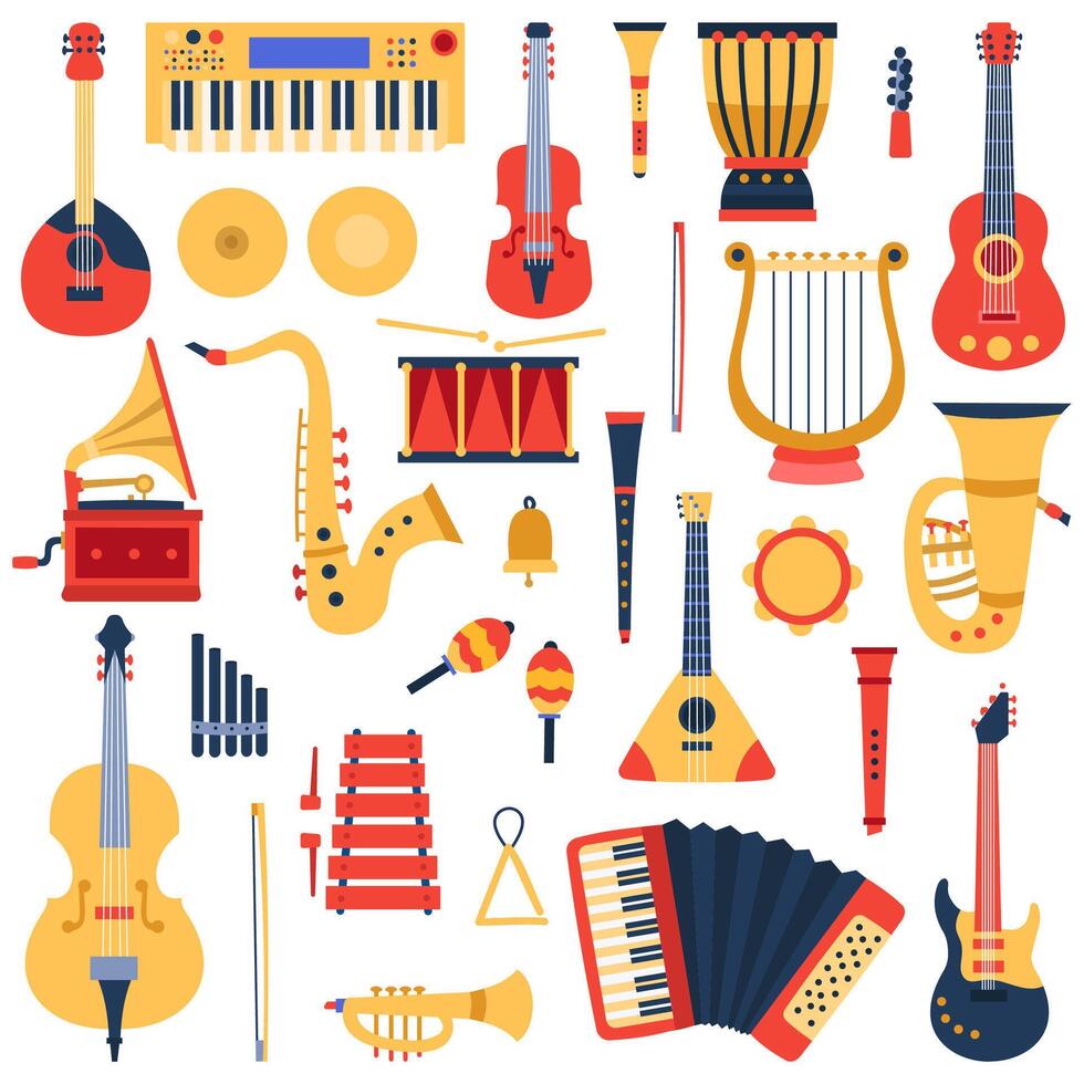 musik instrument. musikalisk klassisk instrument, gitarrer, saxofon, trumma och fiol, jazz band musik instrument vektor illustration ikoner uppsättning