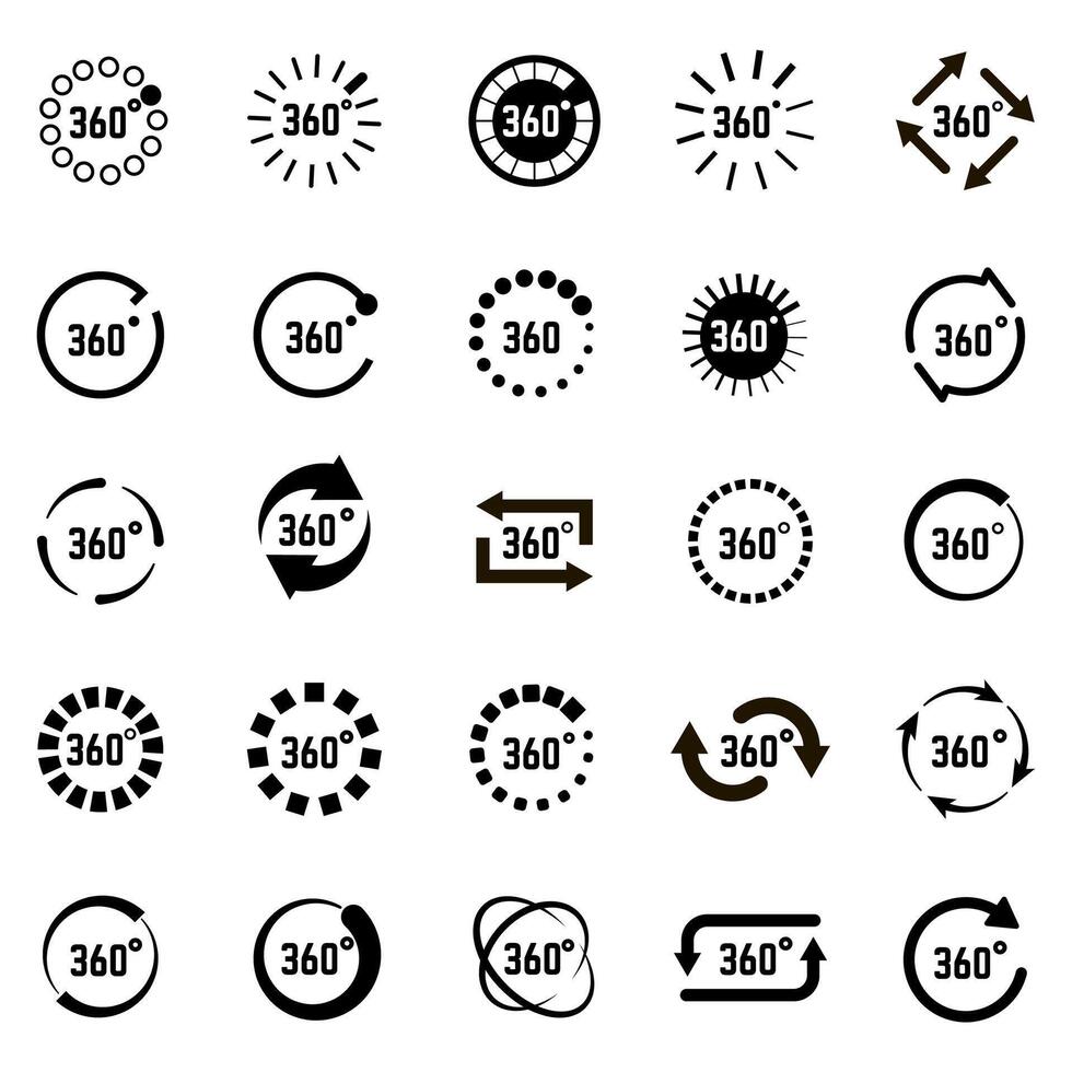cirkel 360 grader ikoner. cirkel pil 360 grad panorama tecken, vr teknologi 360 grad vinkel vektor illustration ikoner uppsättning