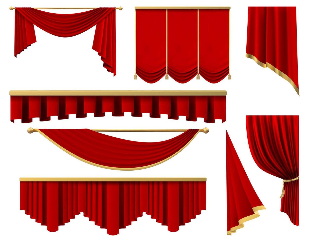 Jahrgang rot realistisch Vorhänge. Bühne Luxus scharlachrot Stoff Vorhang, Seide Innere Lambrequin Vorhänge Vektor Illustration einstellen