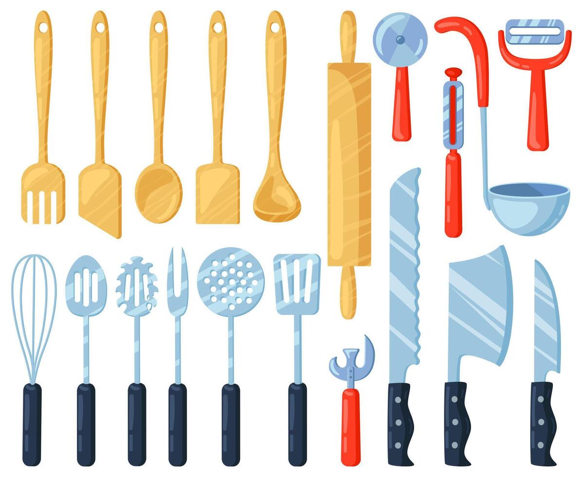 Küche Utensilien. Geschirr Besteck Werkzeug, Messer, Gabeln, Spatel und Löffel. Kochen Geschirr Ausrüstung Vektor Illustration einstellen