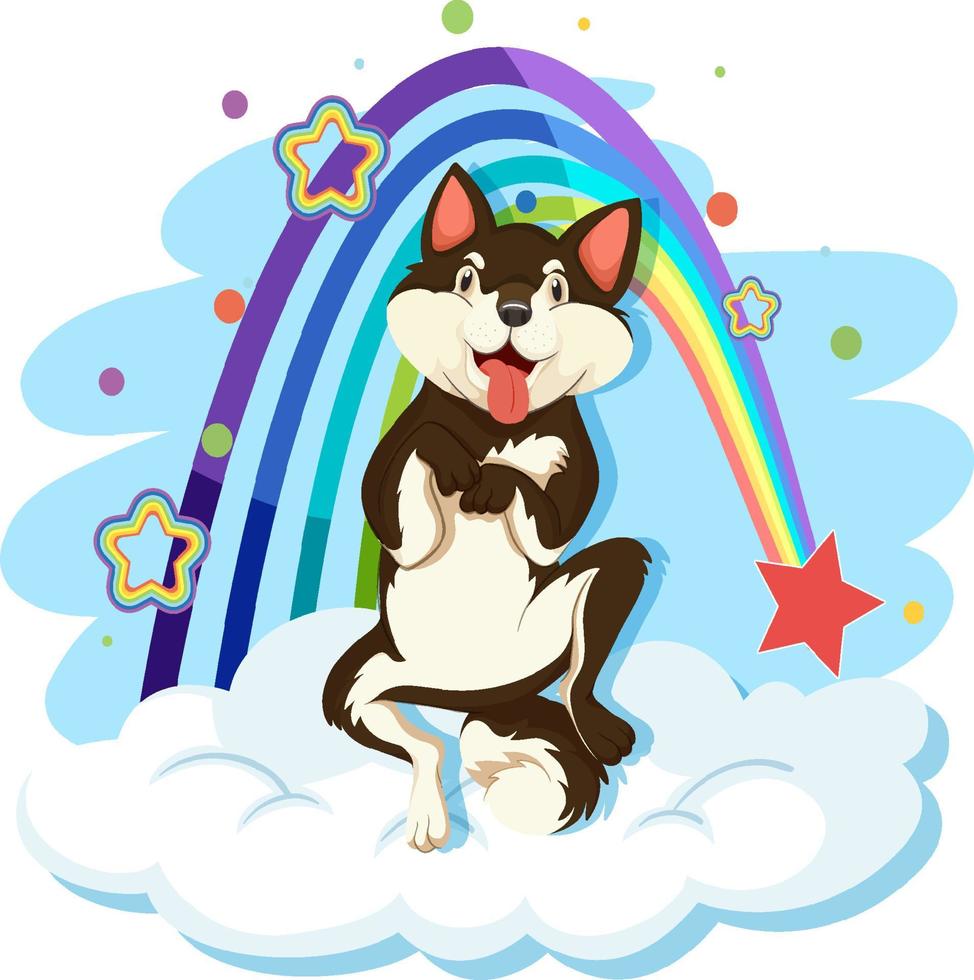 süßer Hund auf der Wolke mit Regenbogen vektor