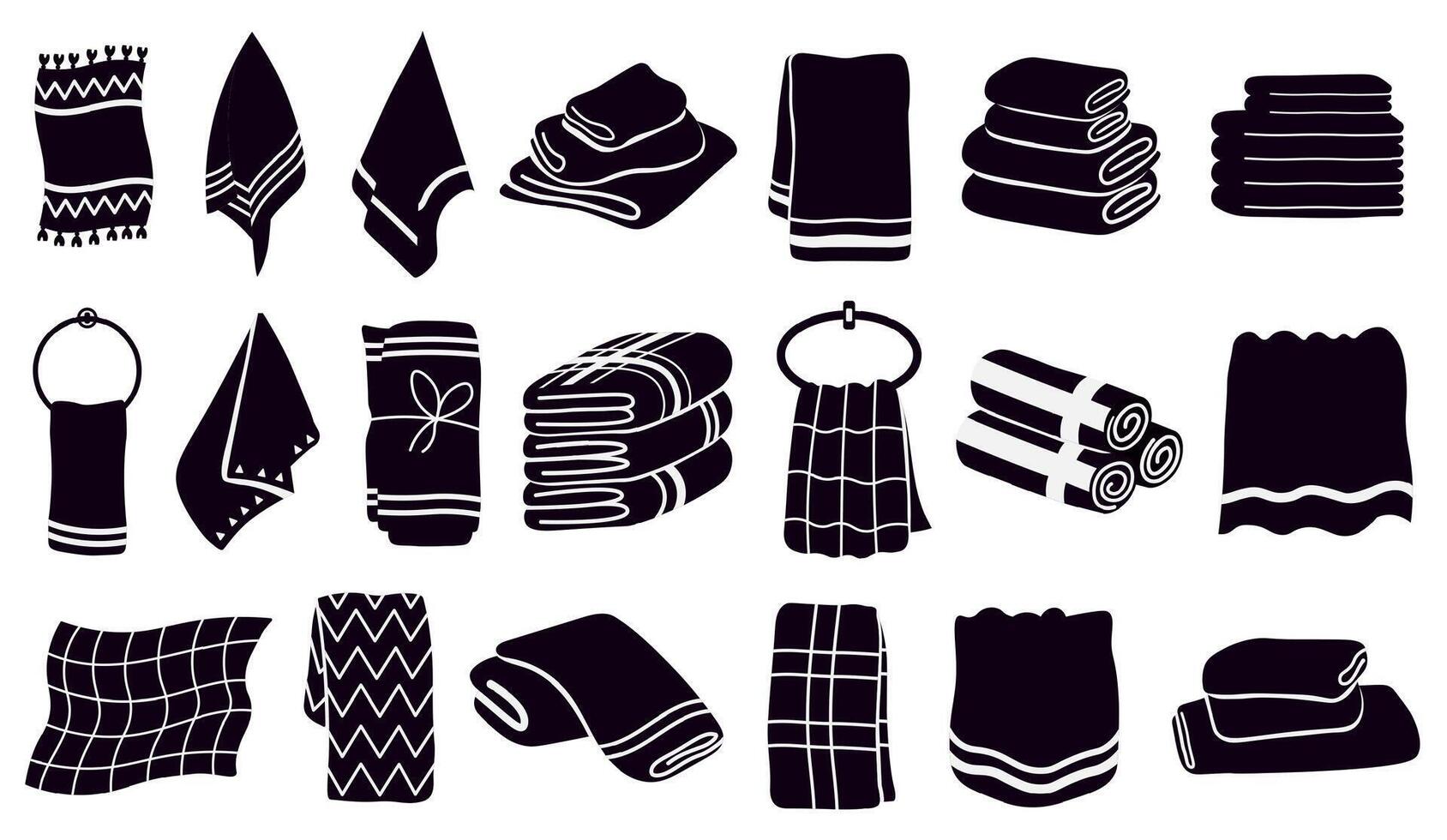 hushåll handduk silhuetter. svart textil- rullad och hängande handdukar. tyg badrum, kök handdukar vektor illustration symboler uppsättning