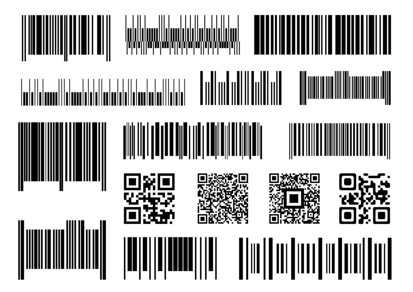 Digital Barcode. Supermarkt Barcodes, Scan Code Riegel und industriell Preis Etikette Vektor Satz. Produkt Inventar, Digital Überprüfung. Verpackung einzigartig gestreift Etiketten isoliert auf Weiß Hintergrund