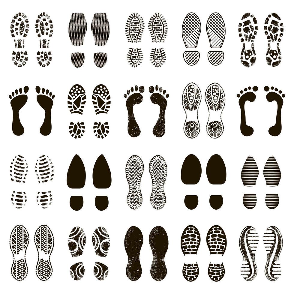 Schuhe Fußspuren. Schuhwerk Schritte Silhouette, Stiefel oder Turnschuhe Schritt drucken, barfuß texturiert Schritte isoliert Vektor Illustration Symbole einstellen