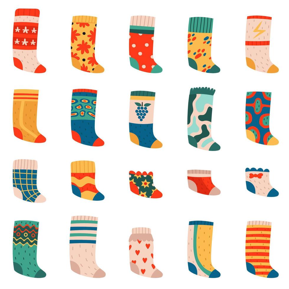 süß Socken. bunt komisch Baumwolle Socken, warm Textil- modisch Kleidung, Gekritzel elastisch gestreift und gepunktet Socken Vektor Illustration Symbole einstellen