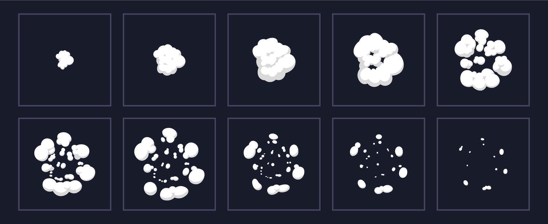 rök explosion animation. tecknad serie explosion animerad skott, explodera moln ramar. exploderande effekt storyboard isolerat vektor illustration uppsättning