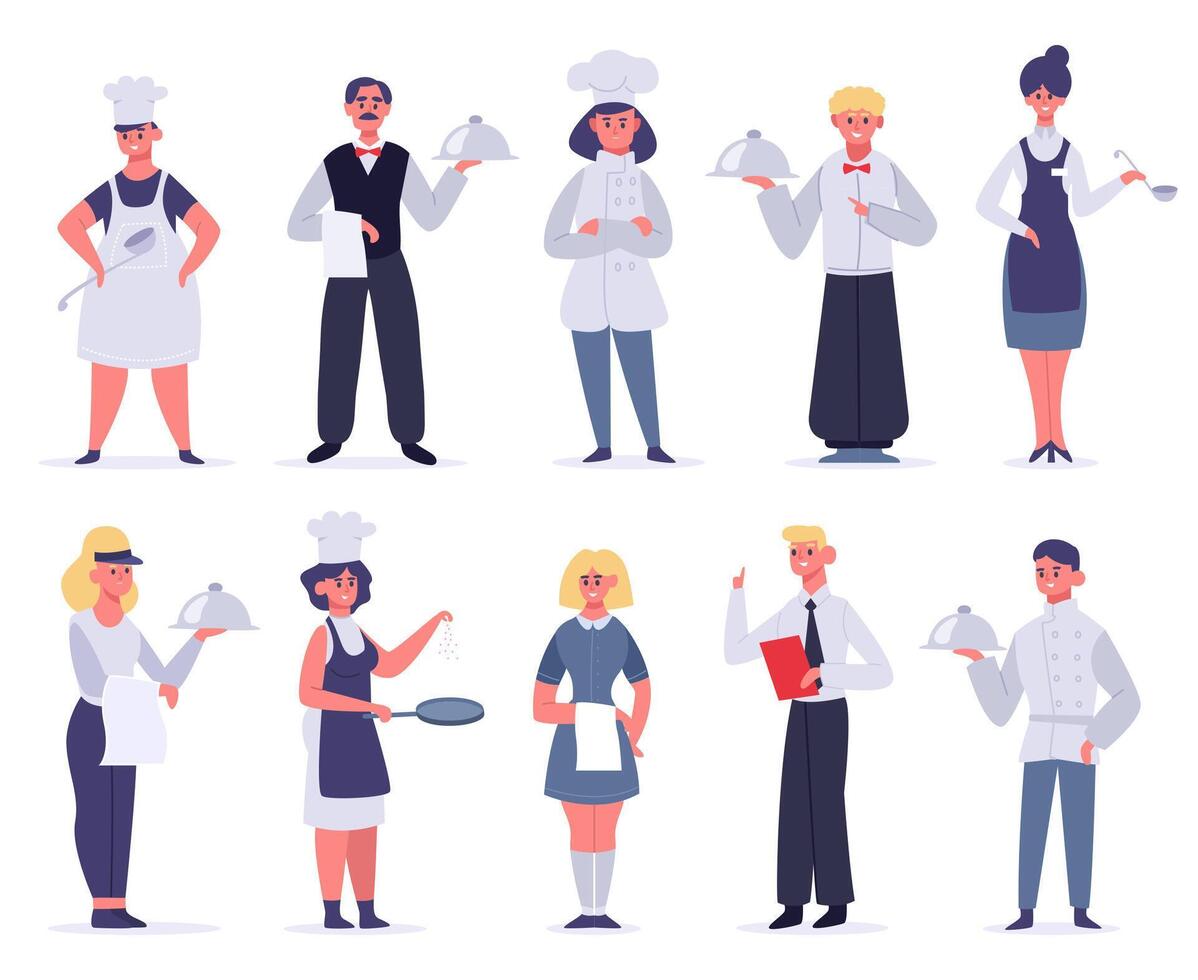 kök arbetare. restaurang personal tecken, kock, assistenter, värdinna och servitör, kök arbetare matlagning och servering, vektor illustration uppsättning
