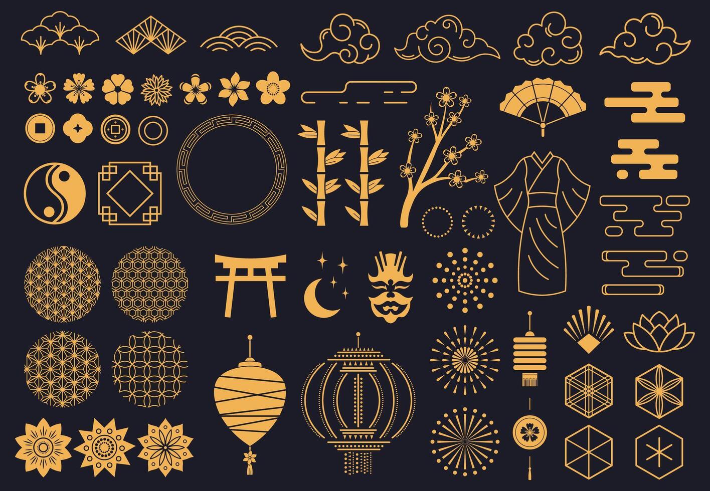 japansk symboler. orientalisk kabuki teater, japansk eller kinesisk kimono prydnad, lotus, bambu och lyktor. asiatisk traditionell skiss vektor symboler