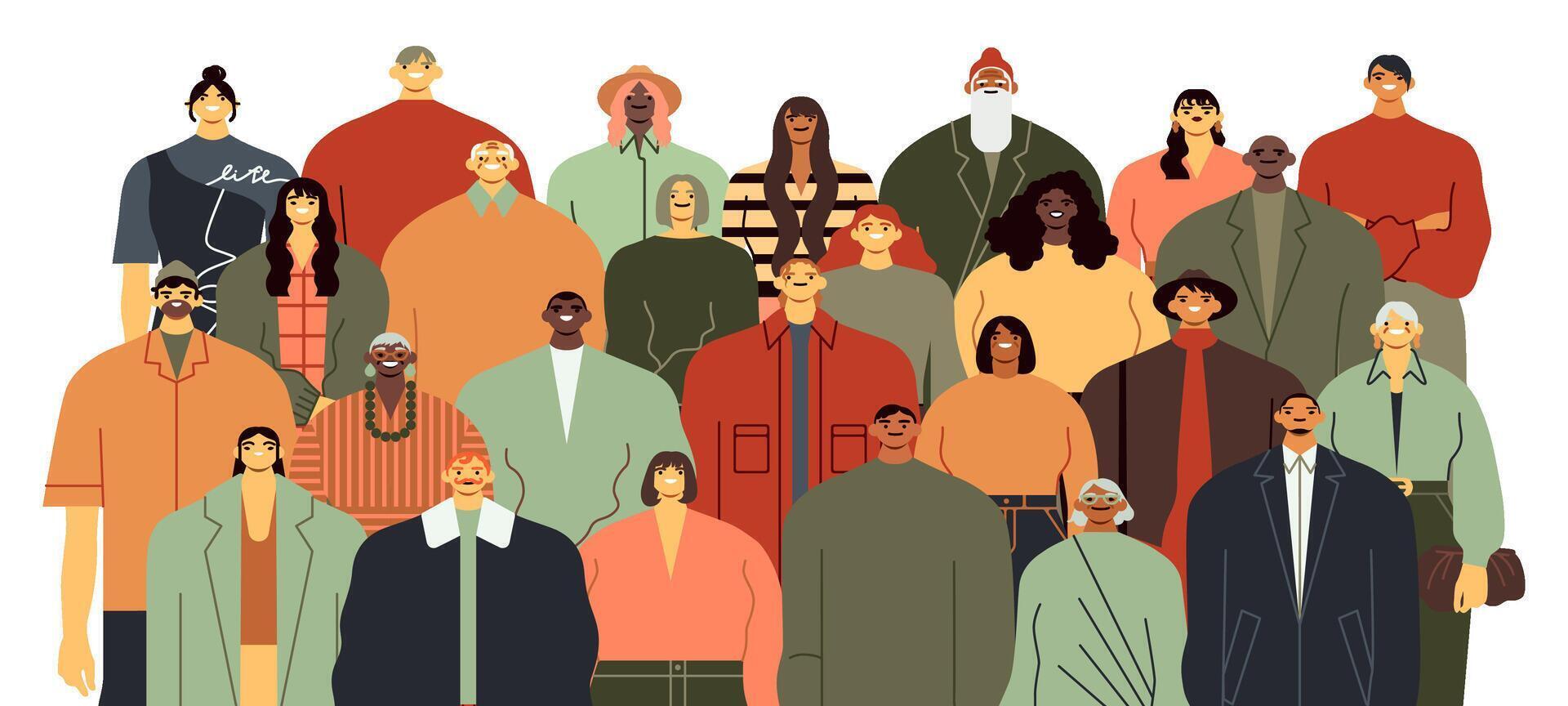Menschen Gruppe. Gemeinschaft Porträt, Mannschaft Stehen zusammen und vielfältig Menschen Menge eben Vektor Illustration. ethnisch Diversität. multikulturell Karikatur Zeichen isoliert auf Weiß Hintergrund