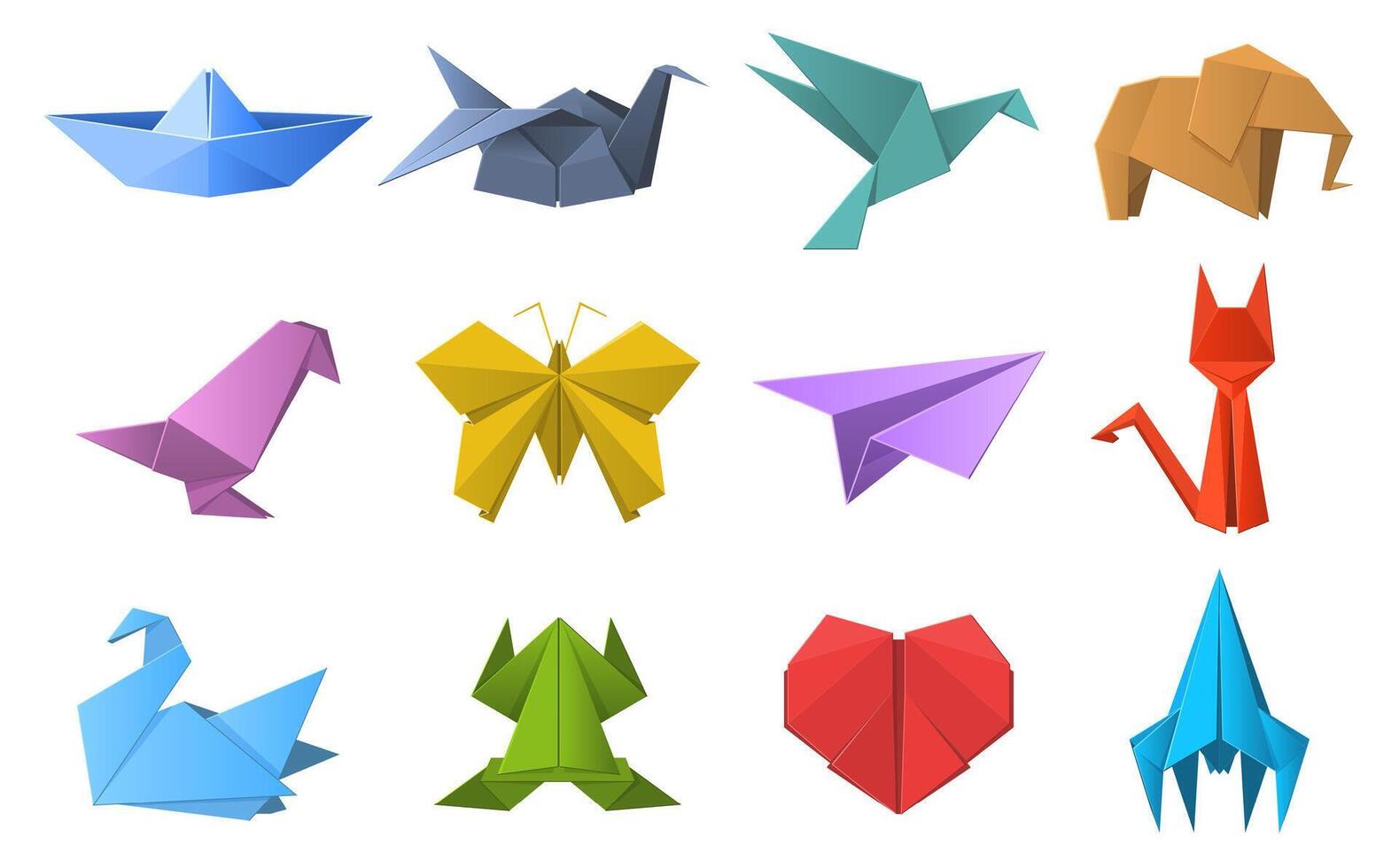 papper origami former. origami polygonal papper hopfällbar, duva, djur, plan och fartyg siffror. orientalisk origami hobby vektor illustration uppsättning