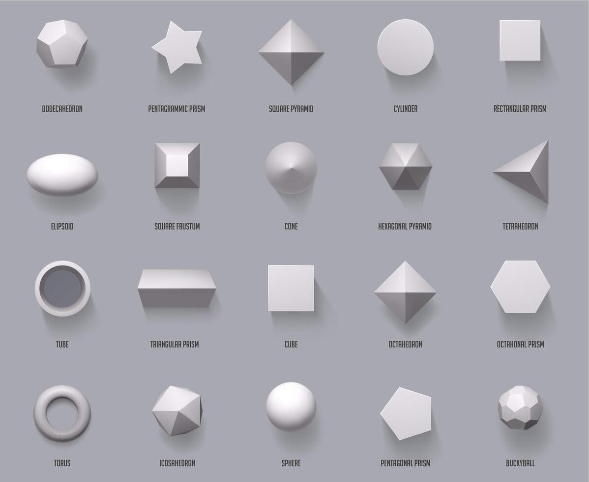 sechseckig realistisch 3d Formen. Basic geometrisch Formen, Mathematik 3d Zahl Formen Würfel, Zylinder und Prisma Formen oben Aussicht Vektor Illustration einstellen