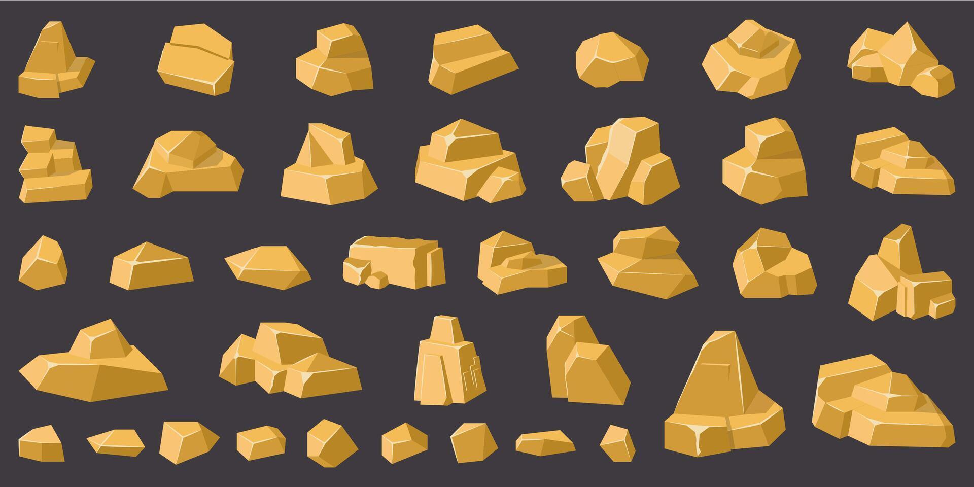 gyllene rocks. guld geologi berg sten, sten grus, stenar lugg, spel design gyllene stenar isolerat vektor illustration ikoner uppsättning