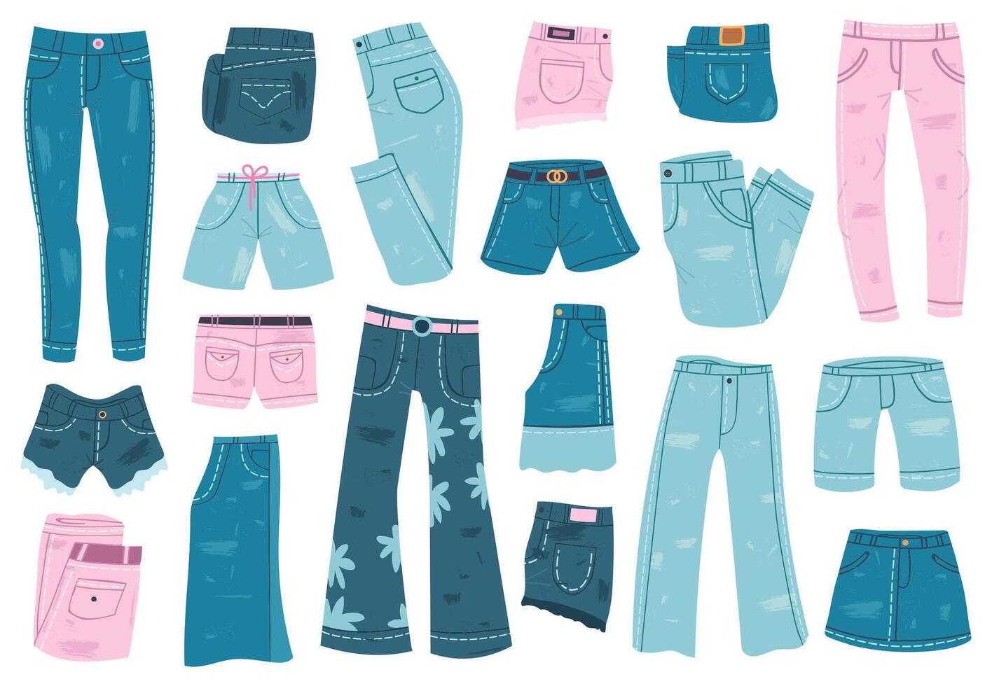 jeans kläder. denim byxor, shorts och kjol, blå jeans unisex- kläder. eleganta tillfällig denim plagg vektor illustration uppsättning