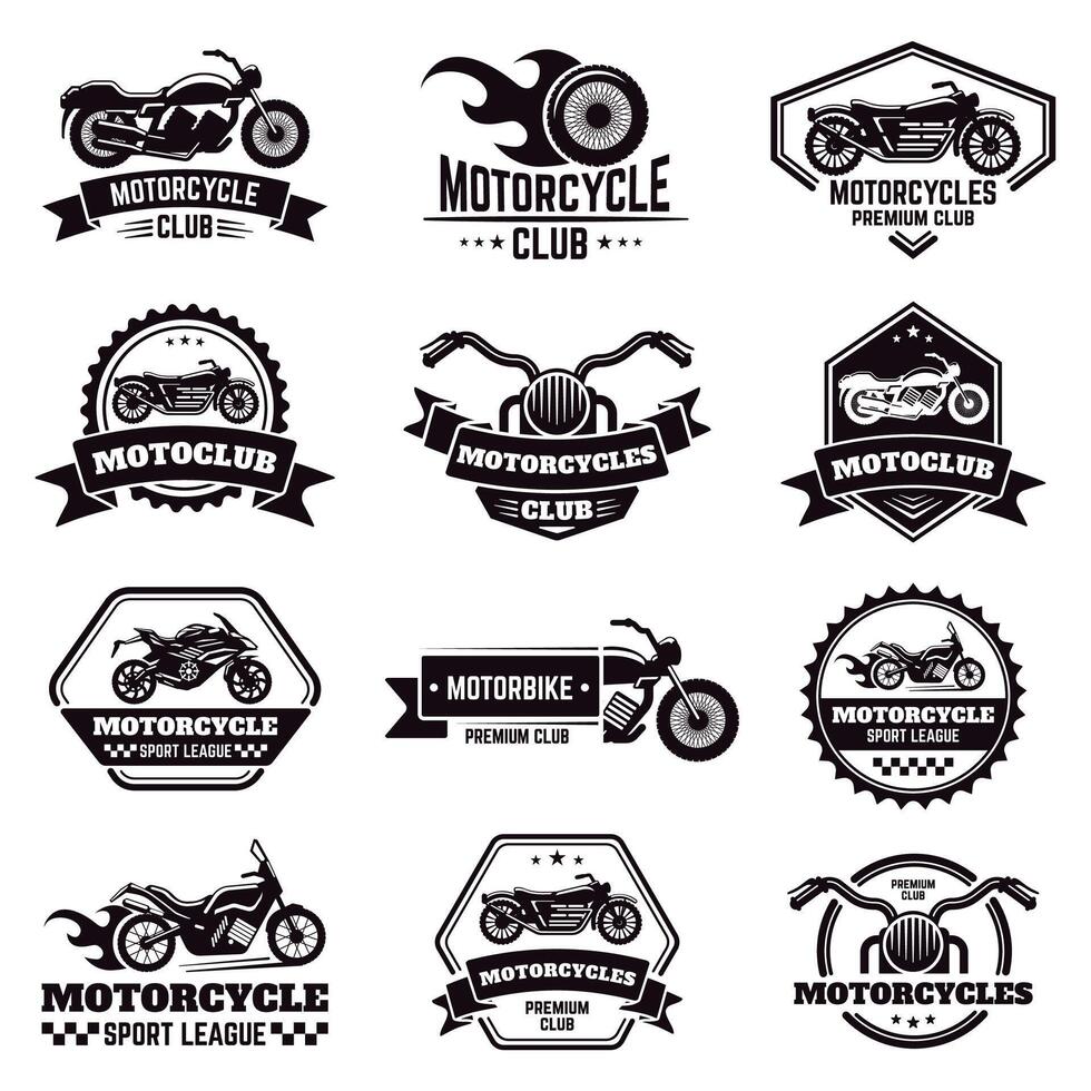 retro Motorrad Embleme. Biker Verein Motorrad Abzeichen, Fahrrad Briefmarke, Motorrad Rad Flügel Emblem, Motorrad Etiketten Vektor Illustration Symbole einstellen