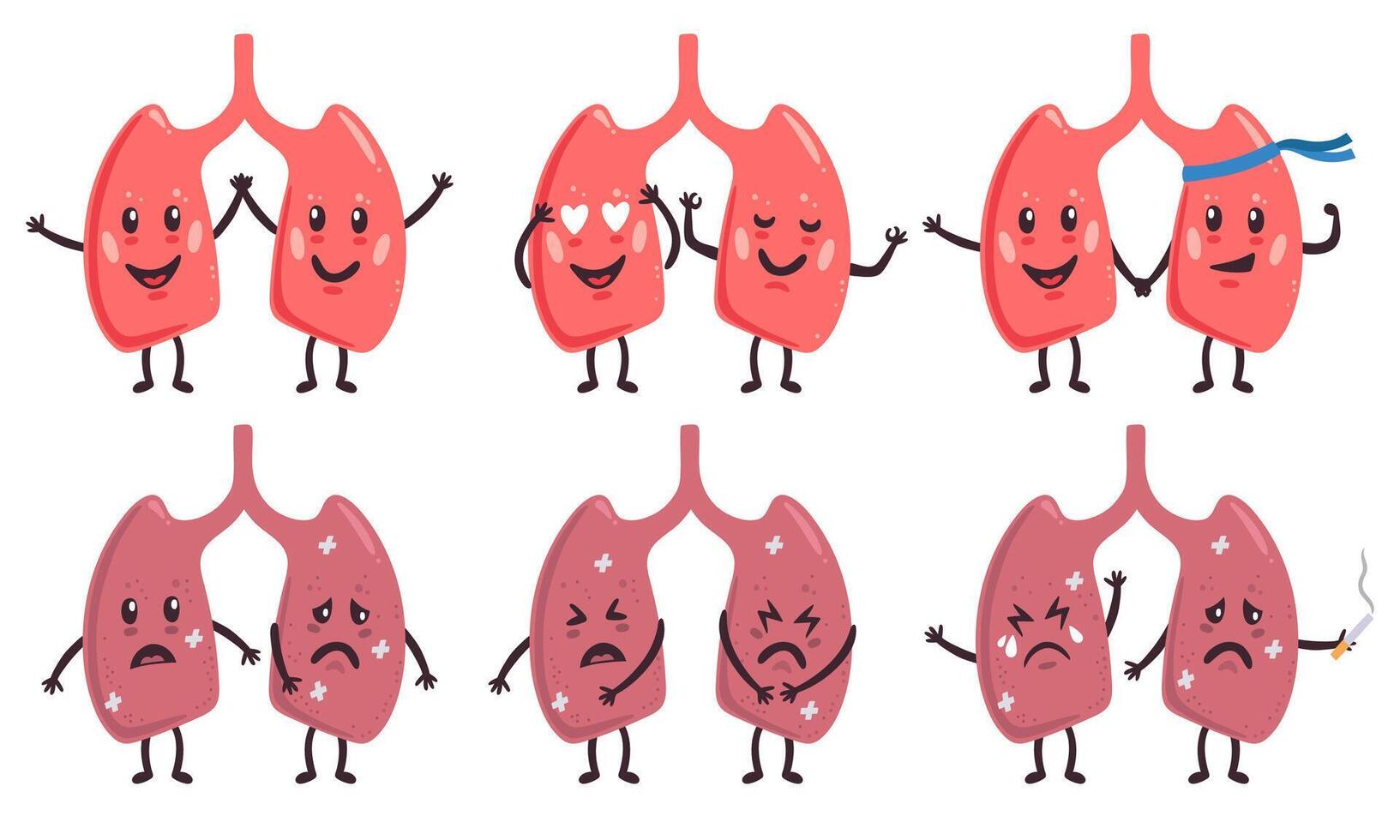 söt lungor tecken. friska och ohälsosam medicin mänsklig organ tecken, Lycklig söt och ledsen lungor vektor illustration ikoner uppsättning