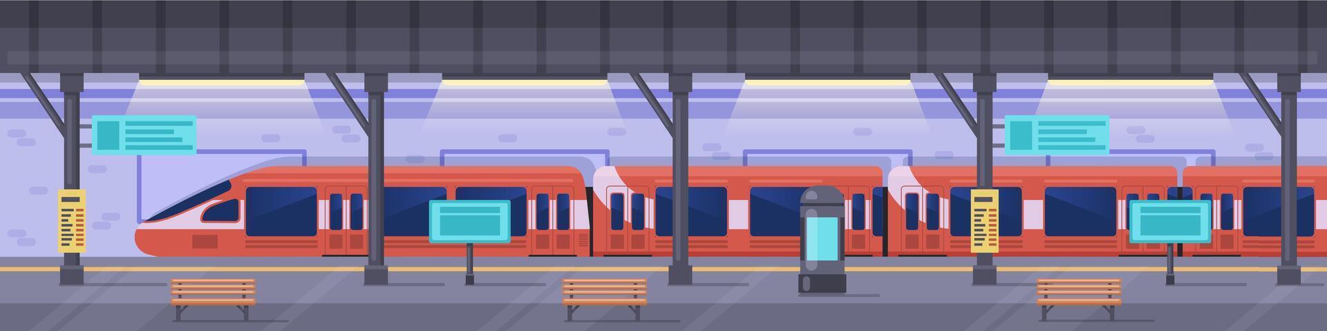 tunnelbana station. metro station plattform, tömma tunnelbana underjordisk interiör, modern storstads offentlig järnväg vektor bakgrund illustration