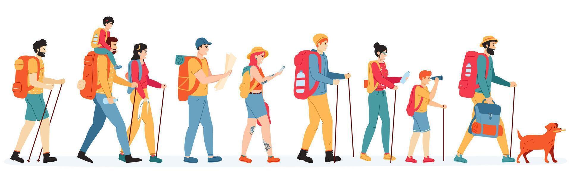 Reisen Wanderer. draussen aktiv Wanderer, Gehen jung Männer und Frauen mit Rucksäcke, Touristen Menschen im Trekking Tour Vektor Illustration einstellen