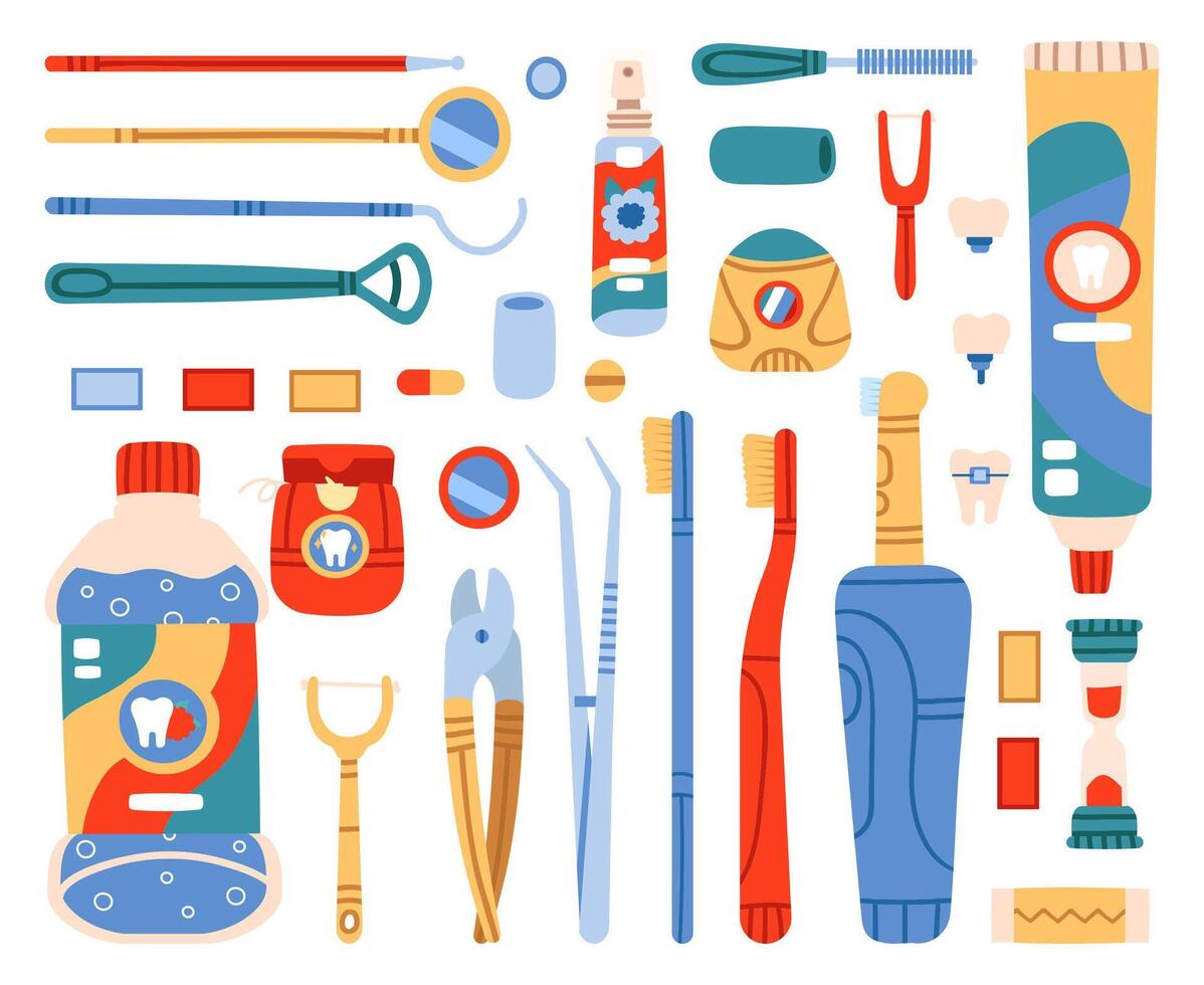 dental rengöring verktyg. tandborste, tandkräm, dental flock, mun rengöring och oral hygien hand dragen verktyg. dental vård vektor illustration uppsättning