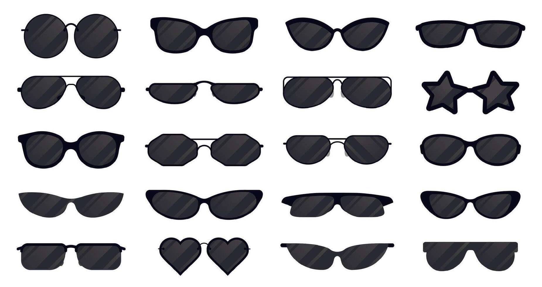 Sonnenbrille Brillen. Brille Silhouette, Sonne elegant Brillen, schwarz Plastik Brille. Sonne Linse Brillen Vektor Illustration Symbole einstellen