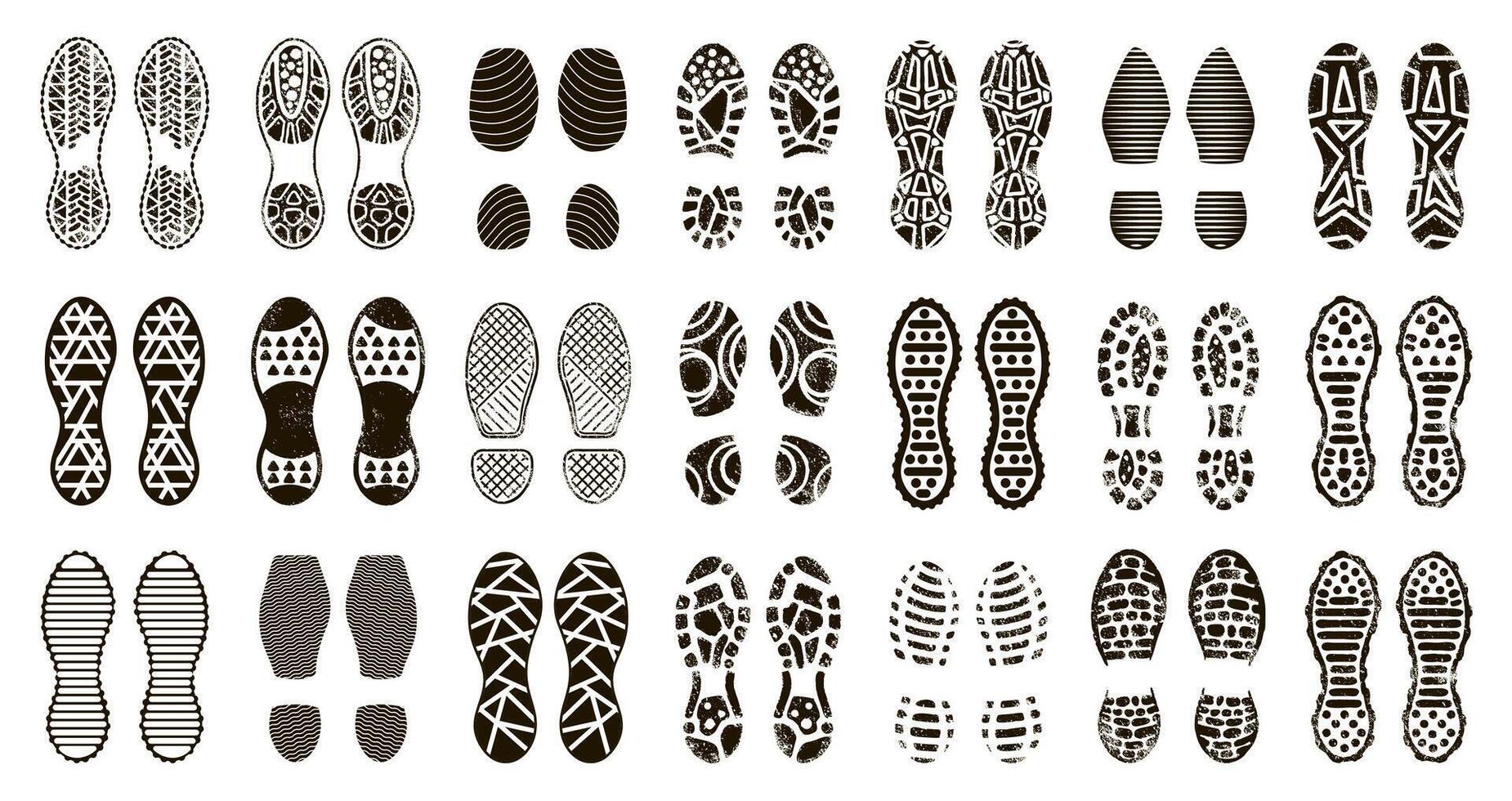 mänsklig stövlar fotavtryck. skor och barfota silhuett, man känga steg skriva ut, texturerad stepping fotspår isolerat ikoner illustration uppsättning vektor