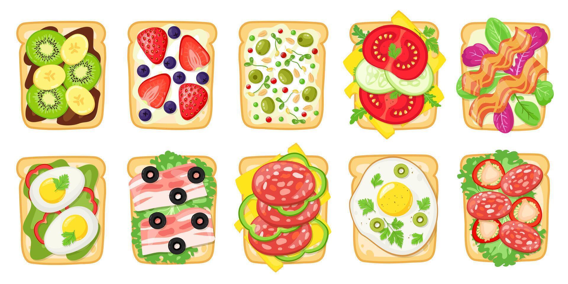 lecker Frühstück Toast. gebraten Brot mit Eier, Avocado, Käse, Fisch und Früchte, gesund köstlich Sandwich, getoastet Brot Vektor Illustration einstellen