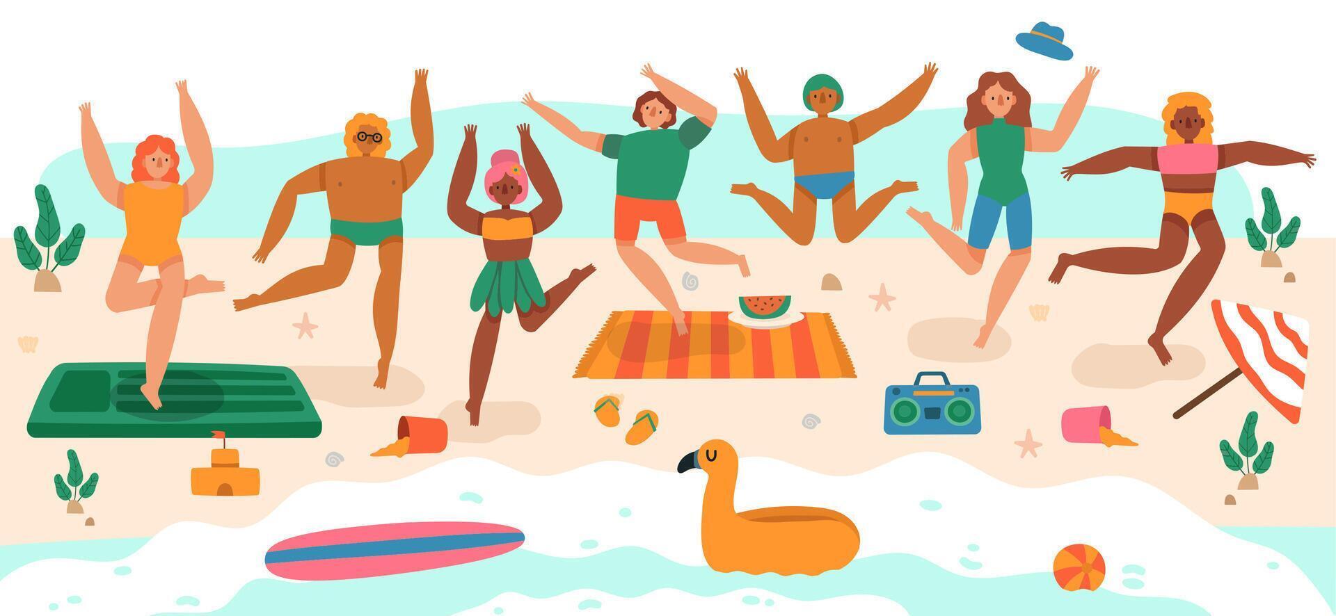 Strand Springen Personen. jung glücklich Zeichen Sommer- Ferien Aktivitäten, Lachen Jugendliche Gruppe springen, haben Spaß beim Strand Vektor Illustration