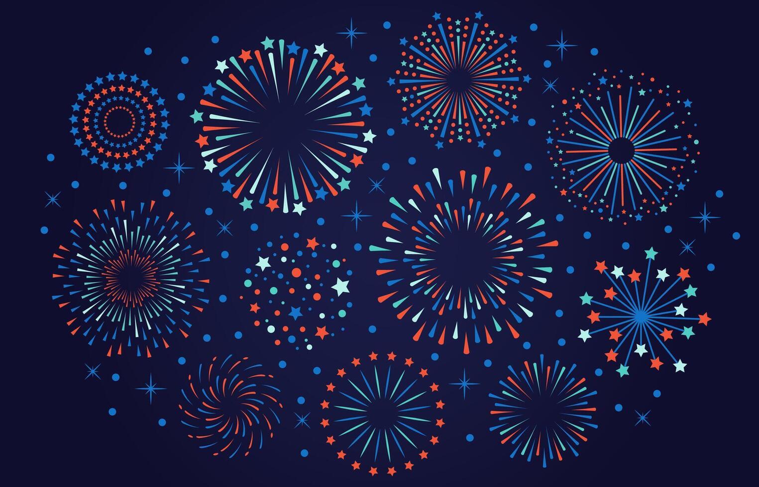 firande 4:e juli USA fyrverkeri. festival smällare, färgrik fyrverkeri explosioner, karneval fest fyrverkeri vektor illustration