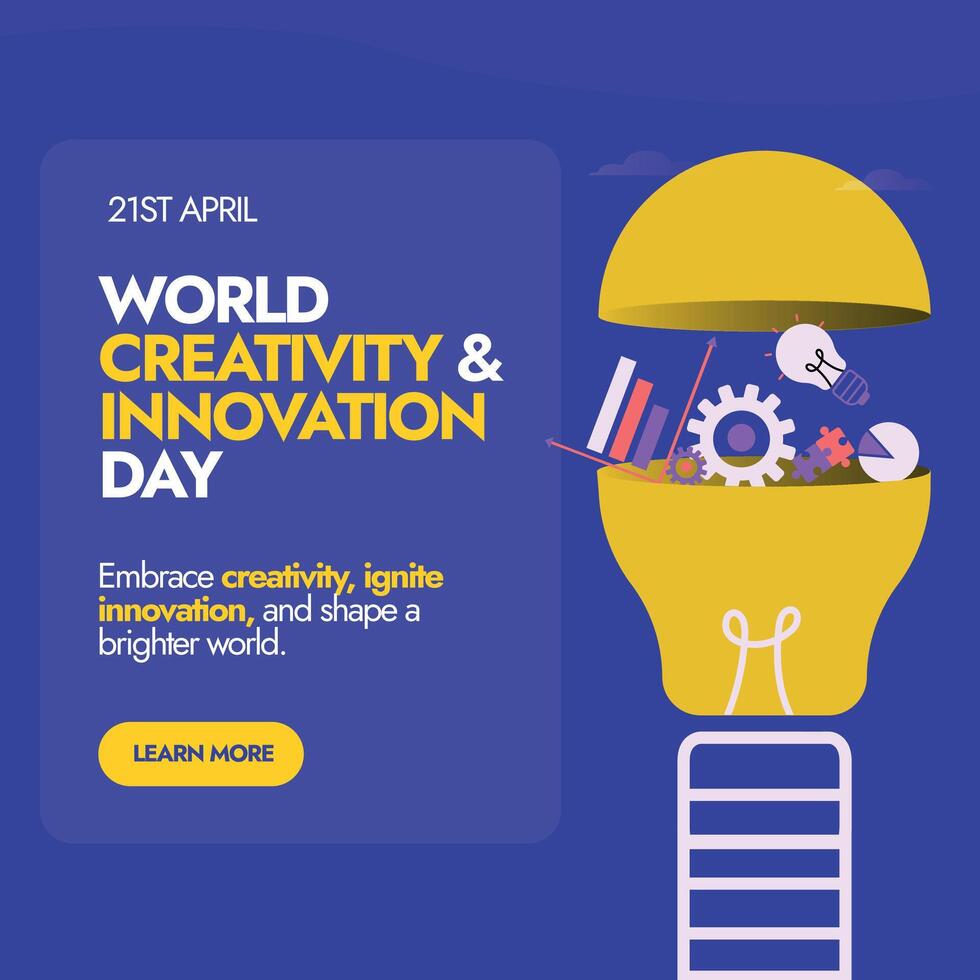 Welt Kreativität und Innovation Tag. 21 .. April Welt Kreativität und Innovation Tag Feier Banner im lila Farbe Hintergrund mit ein Hälfte öffnen Licht Birne und Symbole von anders Dinge im Es. vektor