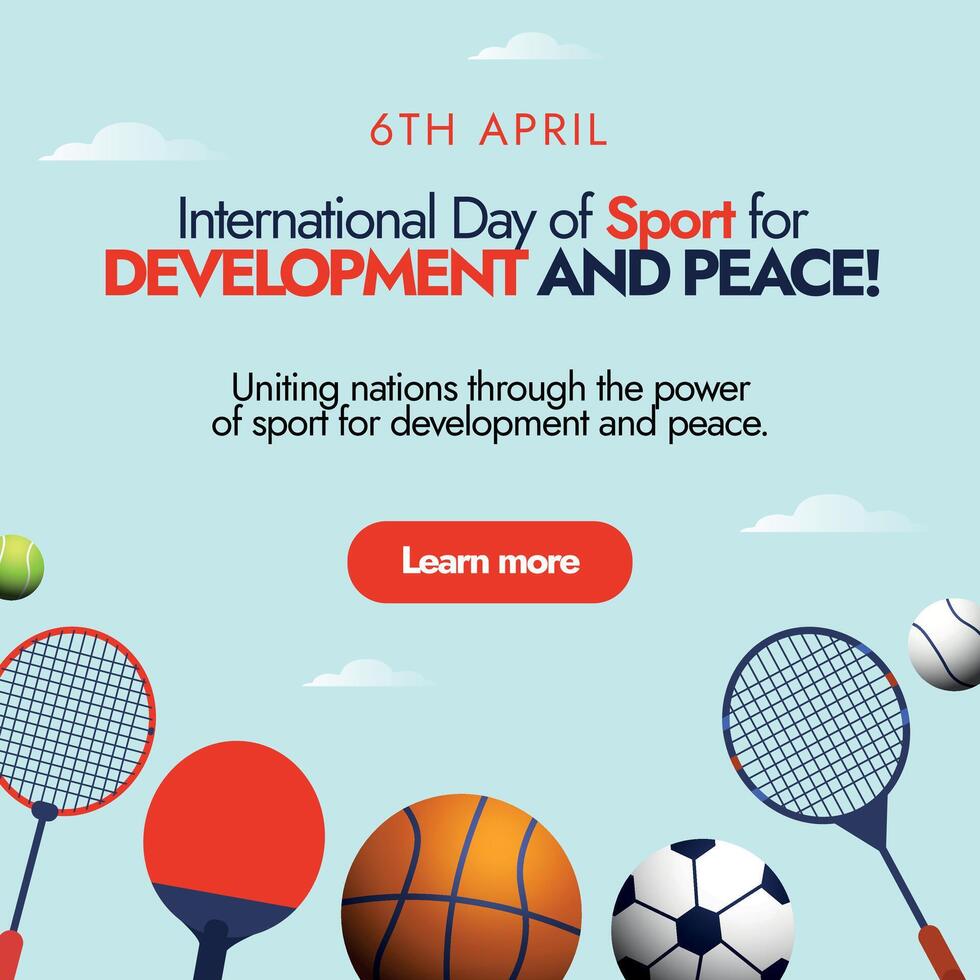 internationell dag av sport för utveckling och fred. 6:e april, internationell sporter dag firande baner med sporter Utrustning på cyan bakgrund. ikoner av racketar, fotboll, basketboll vektor