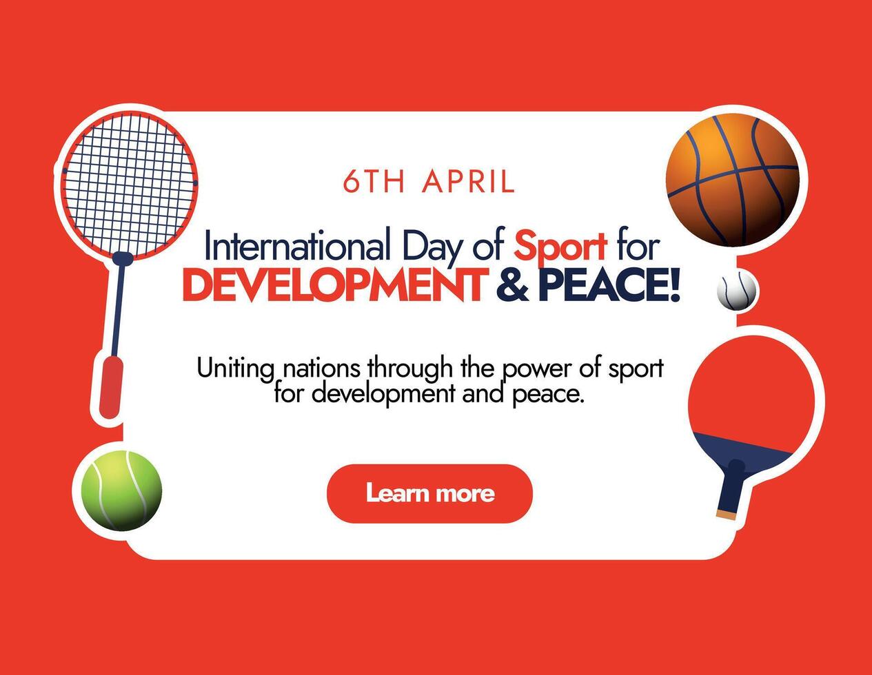 internationell sporter dag. 6:e april internationell dag av sport för utveckling och fred firande omslag baner i mörk röd bakgrund med annorlunda sporter Utrustning tennis boll, racket, basketboll vektor