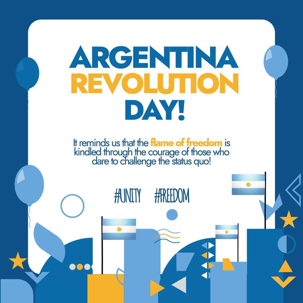 Argentinien Revolution Tag auf kann 25 Feier Sozial Medien Post mit Argentinien Flagge, Luftballons, geometrisch Symbole. Vektor Grafik, eben Design zum Flyer, Illustration. National Tag von Argentinien.