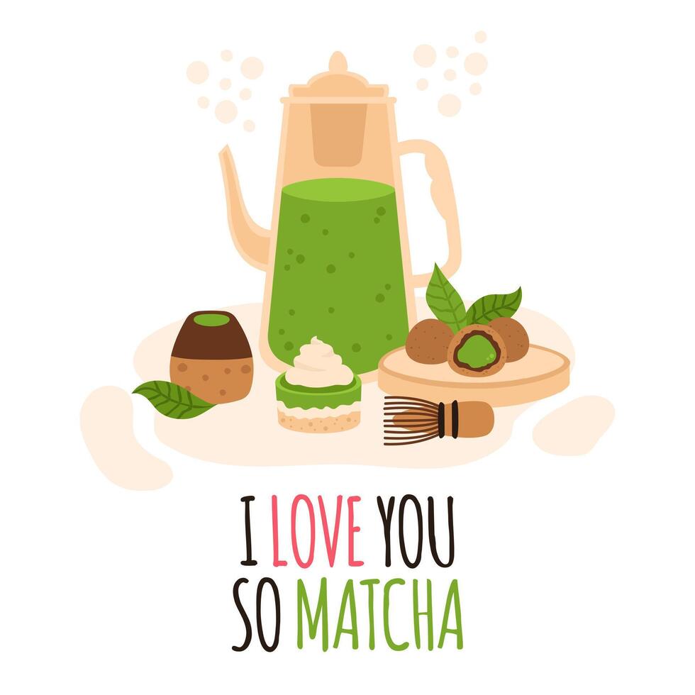 matcha te ceremoni. japansk grön te ceremoni, matcha latte eller te drycker, tekanna och matcha pulver förberedelse verktyg vektor illustration