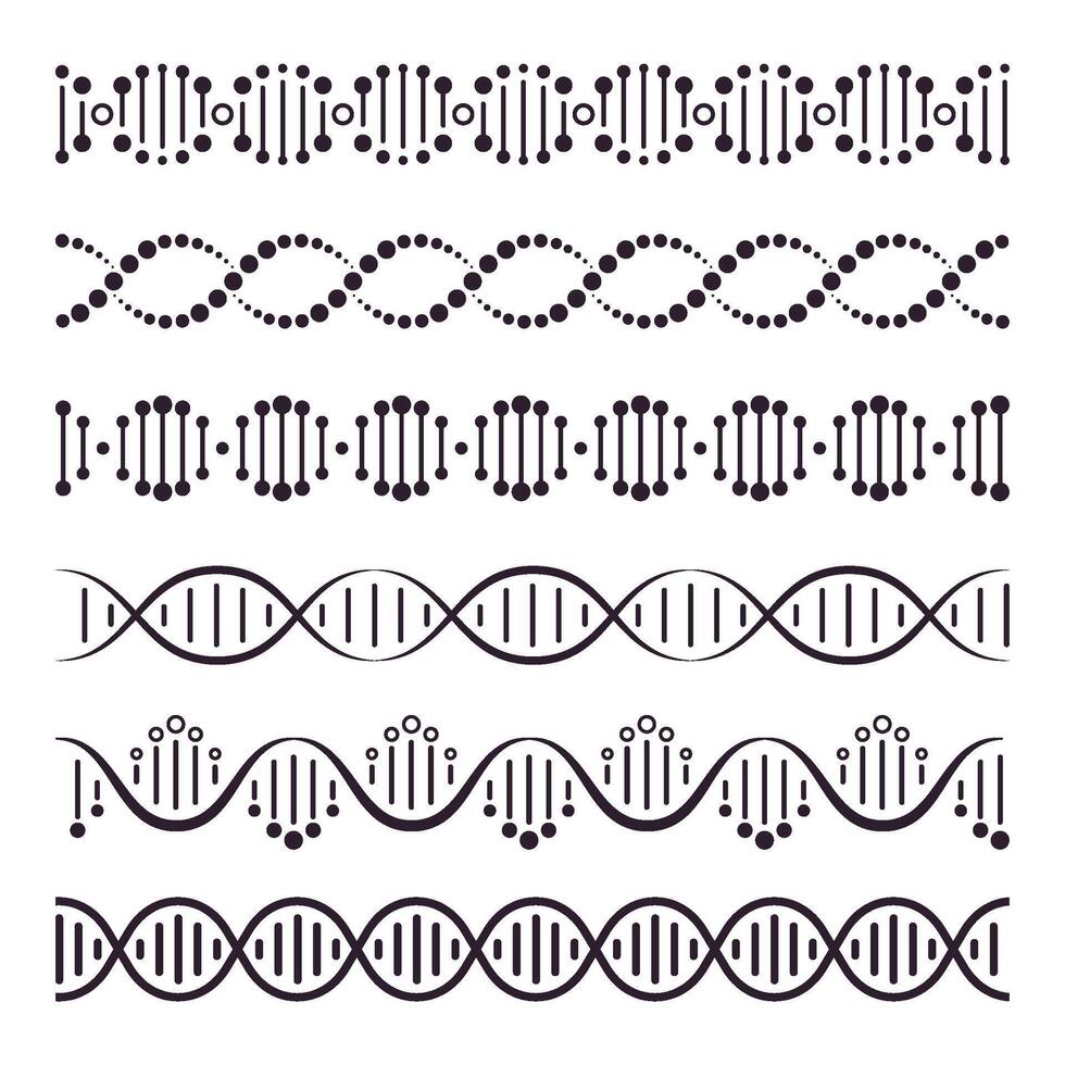 DNA Wendel. Spiral- Chromosom Struktur Konzept, horizontal Spiral- Molekül, medizinisch Wissenschaft DNA Elemente Vektor Illustration Satz. Desoxyribonukleinsäure Säure. genetisch Maschinenbau. molekular Biologie