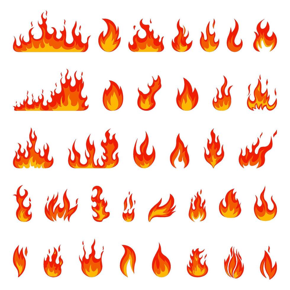 Karikatur Flamme. Feuer Feuerball, rot heiß Lagerfeuer, Gelb Hitze Lauffeuer und Lagerfeuer, brennen Leistung feurig Silhouetten isoliert Vektor Illustration einstellen