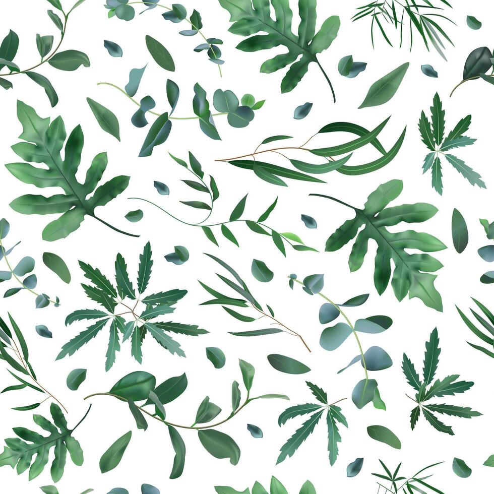 realistisk växter mönster. sömlös löv eukalyptus, ormbunke växt mönster, grönska lövverk textur vektor bakgrund
