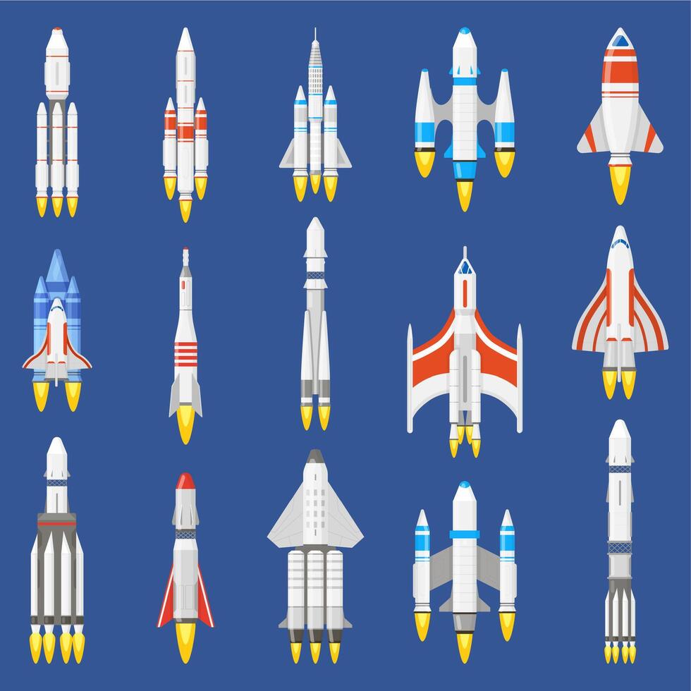 Raum Raketen. Raumfahrzeug Schiffe, Shuttle Fahrzeuge und Luft- und Raumfahrt Raketen, Raum Shuttle Start. Raumschiff Technologie Vektor Illustration einstellen